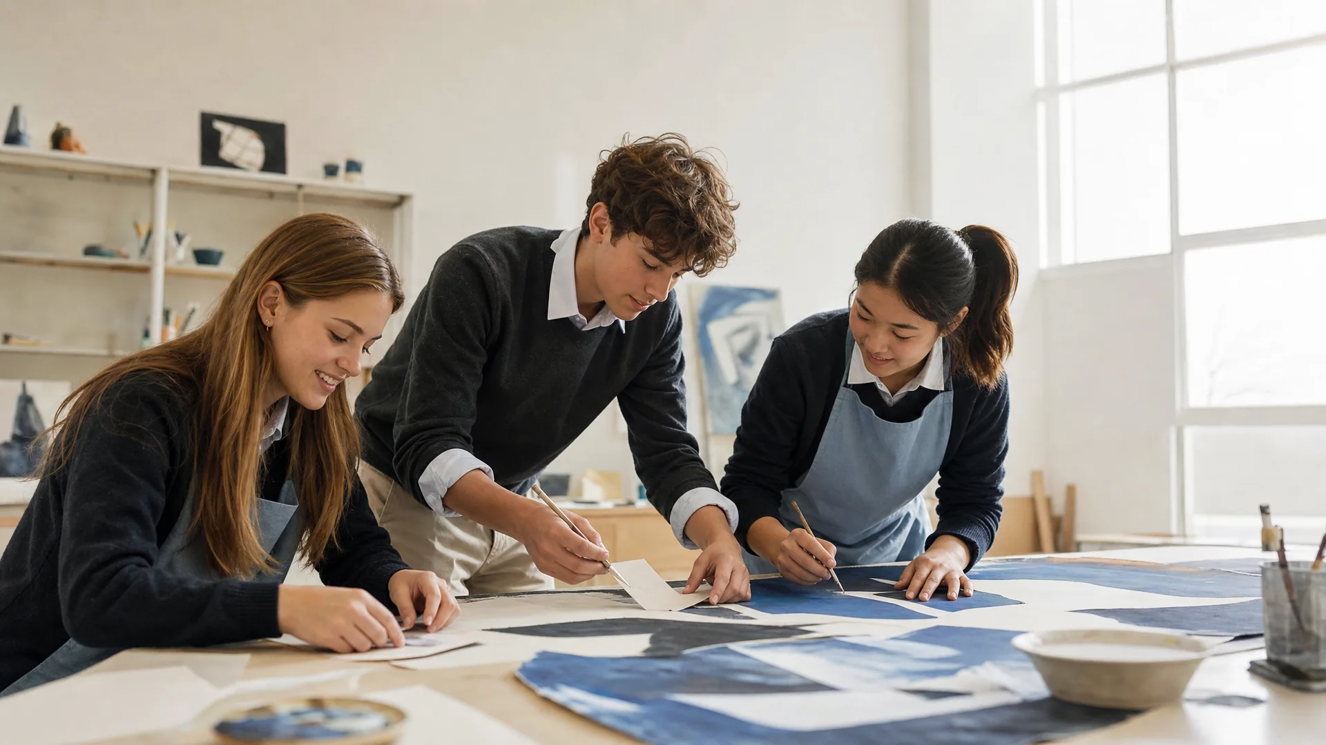 Fictional demonstration of three secondary students creating an abstract artwork in an unbranded studio